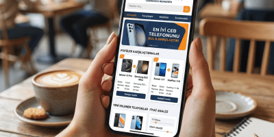 Hands holding smartphone showing MobilKanal.com phone comparisons and price analysis