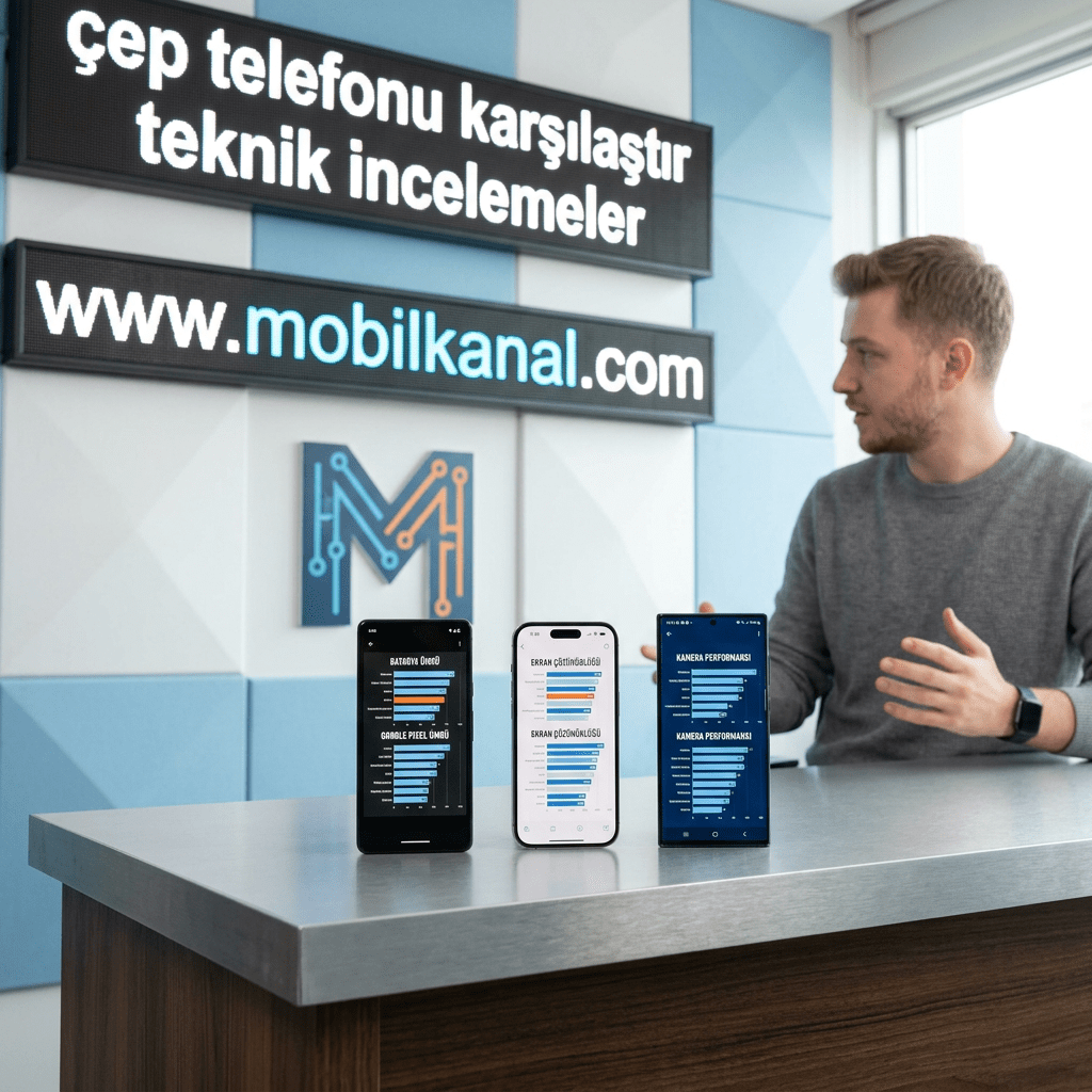 Mobilkanal sign reading “Cep telefonu karşılaştırır teknik incelemeler” and “www.mobilkanal.com,” with three chart-filled smartphones